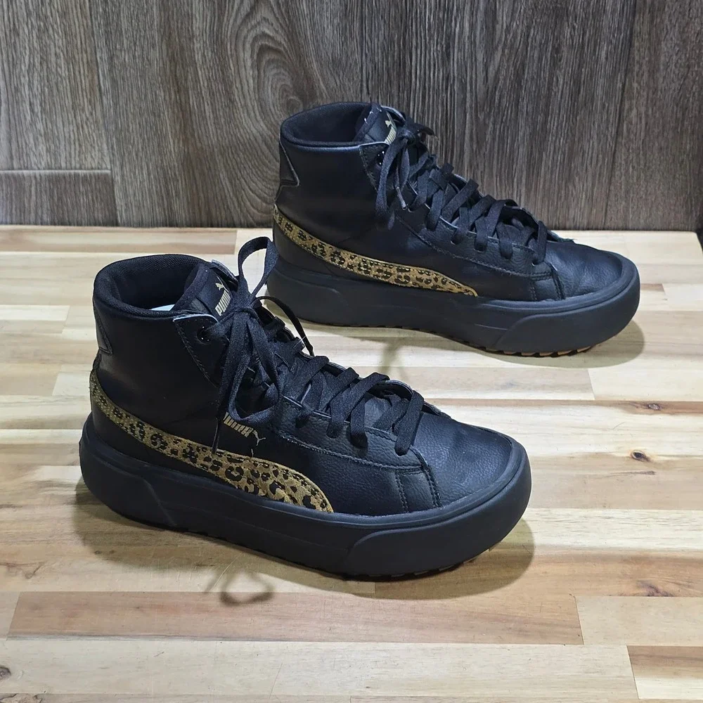 Puma Women's Carina Street Mid Leopard Sneakers Size 8‎ Black Gold